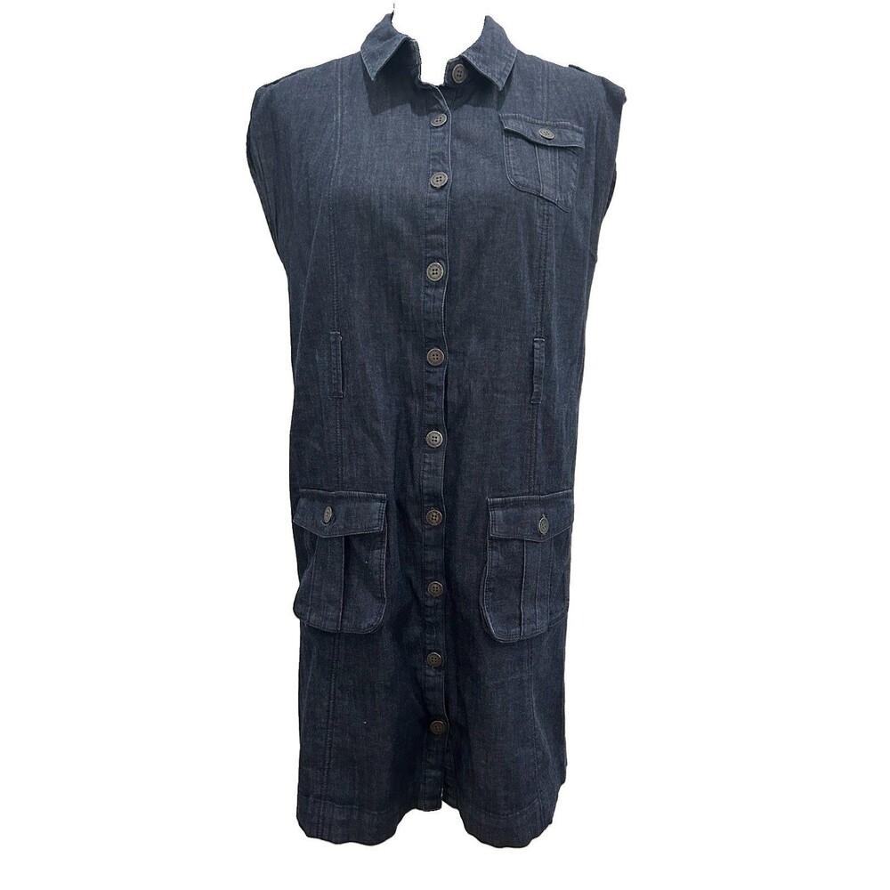 Calvin Klein Jeans Womens Sz L Denim Dress Retro Sleeveless Button Up Collared
